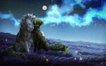  2022 a.o.kigahara aurora_borealis blue_eyes canid canine canis colored detailed_background digital_drawing_(artwork) digital_media_(artwork) digital_painting_(artwork) duo female feral fox fur glowing grass green_eyes green_hair grey_body grey_fur hair hi_res kitty-ray male male/female mammal moon nature nature_background plant shaded signature smile star taka_(artist) white_body white_fur wolf 