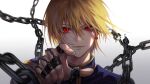  1boy bangs blonde_hair broken broken_chain chain earrings expressionless fingernails hair_between_eyes hand_up highres hunter_x_hunter jewelry judgement_chain_(hxh) kkamiiz korean_commentary kurapika long_sleeves looking_at_viewer male_focus multiple_rings nail pointing pointing_at_viewer portrait red_eyes ring shirt short_hair solo tabard white_background 