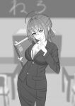  1girl absurdres ahoge bangs book braid breasts classroom cleavage fate/grand_order fate_(series) formal glasses greyscale hair_ribbon highres holding holding_book kensei_(ciid) looking_at_viewer monochrome nero_claudius_(fate) open_clothes ribbon skirt solo suit teacher 