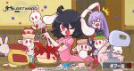  animal_ears black_hair black_jacket bottle cake carrot_necklace collared_shirt cooking dress floppy_ears food fruit inaba_tewi indoors jacket jewelry kitchen light_purple_hair long_hair necklace necktie one_eye_closed op_na_yarou pie pink_dress pink_shirt purple_hair rabbit rabbit_ears rabbit_girl rabbit_tail red_eyes red_necktie reisen_udongein_inaba ribbon-trimmed_dress shirt short_hair strawberry tail touhou touhou_lost_word very_long_hair wavy_hair white_shirt 