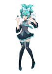  1girl absurdres arms_up bangs black_thighhighs blue_hair blush breasts cinnamiku cinnamoroll eyebrows_hidden_by_hair green_eyes green_hair hair_between_eyes hair_ribbon hatsune_miku highres long_hair looking_at_viewer open_mouth ribbon simple_background skirt smile solo standing tangdouji_(machine) thighhighs vocaloid white_background 