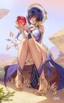  1girl absurdres bangs breasts candace_(genshin_impact) desert egyptian_clothes food fruit full_body genshin_impact god_hunter gold_footwear gold_trim hair_ornament hands_up heterochromia highres holding holding_food holding_fruit jewelry looking_at_viewer medium_breasts nail_polish purple_hair sidelocks smile solo thighhighs thighlet 
