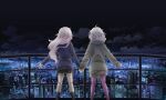  2girls ahoge arms_at_sides black_skirt black_socks blue_hoodie cityscape cloud daitou_academy_school_uniform feet_out_of_frame from_behind game_cg grey_hair grey_hoodie holding_hands hood hoodie jpeg_artifacts kazari_jun kneehighs long_hair long_hoodie long_sleeves magia_record:_mahou_shoujo_madoka_magica_gaiden mahou_shoujo_madoka_magica miwa_mitsune multiple_girls night official_art pantyhose pink_hair purple_pantyhose scenery school_uniform short_hair skirt socks wind 