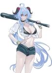  1girl absurdres ahoge alternate_costume bangs baseball_bat black_bra black_choker blue_hair blue_nails bra breasts choker cleavage cowboy_shot crop_top echj ganyu_(genshin_impact) genshin_impact hand_on_hip highres holding holding_baseball_bat horns large_breasts long_hair looking_at_viewer midriff nail_polish navel purple_eyes shirt short_shorts short_sleeves shorts sidelocks simple_background smile solo standing stomach thighs tied_shirt underwear very_long_hair white_background white_shirt 