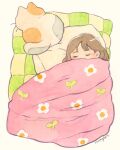  animal_ears bed bed_sheet brown_hair cat cat_ears cat_tail closed_eyes coco_glez flower highres original pillow sleeping stain tail whiskers white_fur 