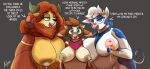  anthro arizona_cow_(tfh) azulejo big_breasts bodily_fluids bovid bovine breasts cattle dialogue female group hasbro hi_res huge_breasts lactaid lactaid_cow lactating mammal mascot my_little_pony smile smiling_at_viewer talking_to_viewer text them&#039;s_fightin&#039;_herds trio yak yona_yak_(mlp) 