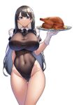 1girl absurdres arm_behind_back ass_visible_through_thighs bangs bare_hips black_hair black_leotard black_ribbon blonde_hair blue_eyes breasts closed_mouth colored_inner_hair covered_navel cowboy_shot food gradient_hair groin highleg highleg_leotard highres holding holding_plate impossible_clothes impossible_leotard large_breasts leotard looking_at_viewer multicolored_hair neck_ribbon nicchi original plate puffy_short_sleeves puffy_sleeves ribbon short_sleeves simple_background solo thigh_gap thighs turkey_(food) white_background 