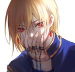  1boy bangs blonde_hair chain earrings expressionless fingernails hand_on_own_face highres hunter_x_hunter jewelry judgement_chain_(hxh) kkamiiz korean_commentary kurapika long_sleeves looking_at_viewer male_focus multiple_rings nail portrait red_eyes ring shirt short_hair solo tabard white_background 
