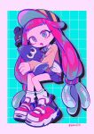  1girl baseball_cap black_headwear black_skirt blue_eyes chestnut_mouth clownfish commentary drooling full_body harmony&#039;s_clownfish_(splatoon) harmony_(splatoon) hat highres inkling long_hair looking_at_viewer low-tied_long_hair menma_(enaic31) miniskirt object_hug open_mouth pink_footwear pink_hair shoes skirt sneakers socks splatoon_(series) stuffed_toy sweater tareme tentacle_hair twitter_username white_socks yellow_sweater 