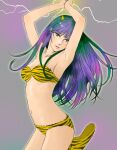  1girl animal_print arms_up bangs bikini blue_eyes boots breasts commentary_request green_hair horns long_hair looking_at_viewer lum medium_breasts navel oni parted_lips pointy_ears solo strapless swimsuit tiger_print urusei_yatsura watanabe_yasuaki 