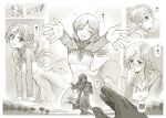  1boy 1girl absurdres armor breasts cleavage closed_eyes commentary_request dress gloves greyscale heart highres holding holding_weapon hood hood_down hoodie isekai_ojisan jewelry long_hair long_sleeves looking_at_viewer medium_breasts monochrome one_eye_closed pointy_ears pov ring sand_writing shibazaki_yousuke shoulder_armor smile speech_bubble stick sui_(isekai_ojisan) sword tenpura_2 tree weapon 