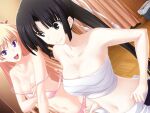  2girls :d bare_arms bare_shoulders black_eyes black_hair blonde_hair bra breasts christiane_friedrich closed_mouth collarbone dutch_angle game_cg groin hair_ribbon kawagishi_keitarou long_hair maji_de_watashi_ni_koi_shinasai! medium_breasts minamoto_yoshitsune_(maji_de_watashi_ni_koi_shinasai!) mole mole_under_eye multiple_girls navel nipples open_bra open_mouth panties pink_bra pink_panties ponytail purple_eyes ribbon sarashi shiny shiny_hair small_breasts smile sweatdrop underwear undressing upper_body very_long_hair white_ribbon 