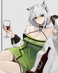  1girl animal_ears arknights bangs bare_shoulders black_panties blush breasts cat_ears cleavage commentary criss-cross_halter cup cupping_glass dress green_dress green_eyes grey_background grin halterneck hands_up head_tilt highres holding holding_cup kal&#039;tsit_(arknights) large_breasts looking_at_viewer nuggetkouhai off_shoulder panties pencil_dress short_dress short_hair simple_background smile solo thighs underwear white_hair 