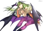  1girl animal_print bare_shoulders bat_wings breasts demon_wings green_eyes green_hair head_wings highres kotatsu_(g-rough) long_hair looking_at_viewer morrigan_aensland open_mouth parted_lips signature simple_background vampire_(game) white_background wings 