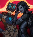  2girls absurdres apex_legends biotic_luminary_horizon black_hair blood blood_on_face blood_on_hands blue_eyes blush brown_hair dark_matter_horizon dual_persona english_commentary grey_eyes hair_behind_ear hand_on_hip helmet highres horizon_(apex_legends) looking_at_viewer multiple_girls official_alternate_costume parted_lips peter_chai short_hair solid_eyes spacesuit 