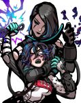  2girls apex_legends bangs black_gloves black_hair blue_eyes blue_hair bodysuit breasts catalyst_(apex_legends) choke_hold english_commentary floating_hair gloves hair_between_eyes hair_bun hair_over_one_eye head_tilt highres holding holding_knife knife kunai looking_down looking_up medium_breasts multicolored_hair multiple_girls official_alternate_costume one_eye_closed one_eye_covered open_hand peter_chai quarantine_722_wraith solid_eyes strangling streaked_hair weapon white_background white_bodysuit white_eyes white_gloves wraith&#039;s_kunai wraith_(apex_legends) 