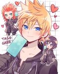  1girl 2boys axel_(kingdom_hearts) black_hair black_robe blonde_hair blue_eyes blush chibi food full_body green_eyes hair_between_eyes hair_slicked_back heart highres holding_ice_cream hood hood_down hooded_robe ice_cream ki_8498 kingdom_hearts kingdom_hearts_ii medium_hair multiple_boys open_mouth red_hair robe roxas short_hair smile spiked_hair upper_body xion_(kingdom_hearts) 