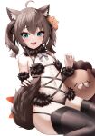  1girl :d absurdres ahoge animal_ear_fluff animal_ears bangs bikini black_bikini black_ribbon blue_eyes blush bow brown_hair brown_thighhighs detached_sleeves ebi_frion_(natsuiro_matsuri) fang flat_chest fur_collar grey_bow hair_ribbon highres holding_own_tail hololive long_sleeves looking_at_viewer matsurisu natsuiro_matsuri navel plaid plaid_bow ribbon roina_(effj7473) simple_background sitting skin_fang smile solo swimsuit tail thighhighs twintails virtual_youtuber white_background 