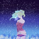  1girl bangs bare_shoulders breasts chiru_(sanifani) closed_eyes cowboy_shot detached_sleeves dress earrings final_fantasy final_fantasy_vi green_hair hair_ribbon hand_on_own_chest jewelry long_hair medium_breasts night night_sky outdoors pantyhose parted_bangs ponytail red_dress ribbon sky solo strapless strapless_dress tina_branford tube_dress waist_sash wavy_hair 