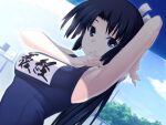  1girl arm_up armpits bare_arms blue_eyes blue_hair character_name closed_mouth game_cg hair_intakes hair_ribbon kawagishi_keitarou long_hair looking_at_viewer maji_de_watashi_ni_koi_shinasai! minamoto_yoshitsune_(maji_de_watashi_ni_koi_shinasai!) ponytail ribbon school_swimsuit shiny shiny_hair solo swimsuit white_ribbon 