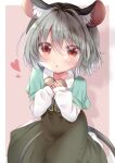  1girl absurdres animal_ear_fluff animal_ears aqua_capelet ashino_chimado border candy chocolate dress food grey_dress grey_hair heart heart-shaped_chocolate highres long_sleeves looking_at_viewer mouse_ears nazrin pink_background red_eyes short_hair solo touhou white_border 