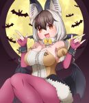  1girl animal_costume animal_ears bare_shoulders bat_(animal) bat_ears bat_girl bat_wings bow bowtie breasts brown_eyes brown_hair brown_long-eared_bat_(kemono_friends) drias elbow_gloves extra_ears fingerless_gloves gloves grey_hair highres kemono_friends kemono_friends_v_project large_breasts leotard long_hair looking_at_viewer moon multicolored_hair night open_mouth pantyhose scarf skirt smile solo virtual_youtuber wings 