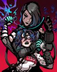  2girls apex_legends bangs black_gloves black_hair blue_eyes blue_hair bodysuit breasts catalyst_(apex_legends) choke_hold english_commentary floating_hair gloves gradient gradient_background hair_between_eyes hair_bun hair_over_one_eye head_tilt highres holding holding_knife knife kunai looking_down looking_up medium_breasts multicolored_hair multiple_girls official_alternate_costume one_eye_closed one_eye_covered open_hand peter_chai quarantine_722_wraith solid_eyes strangling streaked_hair weapon white_bodysuit white_eyes white_gloves wraith&#039;s_kunai wraith_(apex_legends) 