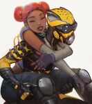  1boy 1girl ^_^ absurdres apex_legends bad_to_the_bone_lifeline black_gloves blue_shirt bodysuit cable carrying closed_eyes dark-skinned_female dark_skin denim double_bun fingerless_gloves gloves hair_bun helmet highres jeans knee_pads lifeline_(apex_legends) octane_(apex_legends) official_alternate_costume pants peter_chai piggyback red_hair shirt simple_background smile white_background wild_speed_octane yellow_bodysuit 