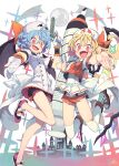  bat_wings blonde_hair blue_hair boots cross fang flandre_scarlet frills gloves hat highres looking_at_viewer maid moon morino_hon nurse open_mouth reaching_out red_eyes remilia_scarlet shoes shorts slit_pupils syringe thighhighs touhou wings wrist_cuffs 