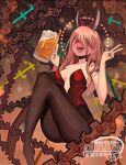  1girl animal_ears bare_shoulders beer_mug black_pantyhose blush breasts breasts_apart chainsaw_man crosshair_pupils cup demon_horns full_body hair_over_one_eye highres holding holding_cup horns knees_up leotard long_hair looking_at_viewer mug pantyhose photoshop_(medium) power_(chainsaw_man) rabbit_ears red_eyes red_horns red_leotard sharp_teeth sheepus solo strapless strapless_leotard teeth v 