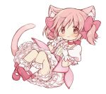  1girl :3 absurdres animal_ear_fluff animal_ears bangs bloomers cat_ears closed_mouth full_body gloves highres hitode kaname_madoka looking_at_viewer magical_girl mahou_shoujo_madoka_magica pink_eyes pink_hair red_footwear short_hair simple_background smile socks solo twintails underwear white_background white_gloves white_socks 