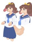  2022 4_fingers accessory anthro aruurara bottomwear bow_ribbon breasts brown_eyes brown_hair brown_nose canid canine canis claws clothed clothing domestic_dog female female_anthro finger_claws fingers floppy_ears fur hair hair_accessory hair_bow hair_ribbon hi_res japanese_school_uniform kemono looking_at_viewer mammal multiple_images ponytail ribbons school_uniform simple_background skirt small_breasts solo tan_body tan_fur uniform white_background 
