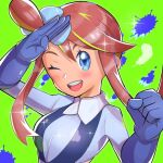  1girl blue_eyes blue_gloves blush clenched_hand crop_top feathers gloves green_background inana_umi looking_at_viewer one_eye_closed open_mouth paint_splatter pokemon pokemon_(game) pokemon_bw red_hair salute skyla_(pokemon) smile solo teeth upper_body upper_teeth 