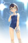  1girl blue-framed_eyewear blue_one-piece_swimsuit breasts brown_hair ceiling commentary_request competition_school_swimsuit covered_navel feet_out_of_frame from_below gahaku glasses gloves green_eyes hand_on_own_chest highres kantai_collection looking_at_viewer multicolored_hair navel okinami_(kancolle) pink_hair school_swimsuit short_hair small_breasts solo swimsuit tile_ceiling tiles white_gloves 