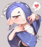  1girl absurdres bandages chest_sarashi closed_mouth deko_isu ear_piercing grey_background highres looking_at_viewer piercing red_eyes sarashi shiver_(splatoon) simple_background smile solo speech_bubble splatoon_(series) splatoon_3 tentacle_hair 