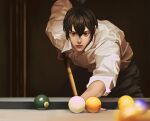  1boy ball bangs black_hair blue_eyes chainsaw_man closed_mouth dark_background eyelashes facing_viewer hair_between_eyes hayakawa_aki highres indoors leaning_forward looking_up male_focus pool_table shirt short_hair simple_background snowberryaki solo standing table white_shirt 