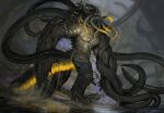  2022 anthro bottomwear claws clothing digital_media_(artwork) drip_effect eldritch_abomination feet fingers hi_res horn implied_transformation male muscular muscular_anthro pants scales solo spines standing tentacles themefinland toes torn_clothing water watermark yellow_body yellow_skin 