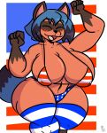  2022 absurd_res anthro big_breasts big_butt blue_hair brand_new_animal breasts brown_body brown_fur butt canid canine cleavage clothed clothing curvy_figure digital_media_(artwork) facial_markings female fur gloves hair handwear head_markings hi_res highlights_(coloring) huge_breasts kingretrokirby legwear mammal markings mask_(marking) michiru_kagemori open_mouth raccoon_dog simple_background skimpy solo stars_and_stripes stockings studio_trigger tail_markings tanuki thick_thighs united_states_of_america voluptuous wide_hips 