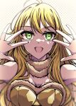  1girl :d absurdres ahoge blonde_hair breasts cleavage green_eyes highres hoshii_miki idolmaster idolmaster_(classic) kakuzatou_(cubesugar03196) long_hair looking_at_viewer medium_breasts open_mouth outstretched_hand smile solo straight_hair upper_body very_long_hair 