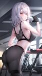  1girl ahoge ass back bare_shoulders black_gloves blush bottle breasts drinking from_behind from_side gloves gym highres holding holding_bottle leg_belt lenne_(oyuwari) looking_at_viewer looking_back no_panties original oyuwari pants red_eyes short_hair sideboob solo sports_bra sweat water white_hair yoga_pants 