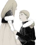  1boy 1girl black_shirt blonde_hair brother_and_sister child comforting dress dungeon_meshi falin_thorden female_child frs2 fur_trim highres holding_hands hood hood_down laios_thorden layered_sleeves long_hair long_sleeves looking_at_another male_child o-ring one_knee open_mouth sash shirt short_hair short_over_long_sleeves short_sleeves siblings simple_background tears turtleneck white_background winter_clothes wiping_face wiping_tears yellow_eyes 