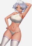  1girl aqua_eyes arm_behind_head arm_up armpits asamura_hiori breasts cleavage collarbone cowboy_shot dark_skin green_eyes gundam gundam_suisei_no_majo hand_on_hip highres large_breasts looking_at_viewer navel secelia_dote shiny shiny_skin short_hair simple_background smile solo standing tan thighhighs thighs white_hair 