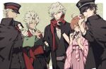  1girl 4boys ahoge amakusa_shirou_(fate) archer_(fate) black_gloves black_hair blue_eyes closed_eyes cowboy_shot dango eating edmond_dantes_(fate) fate/grand_order fate_(series) food fujimaru_ritsuka_(female) fujimaru_ritsuka_(male) gloves hair_between_eyes hair_over_eyes hat highres holding holding_food long_sleeves looking_at_another looking_at_viewer multiple_boys orange_hair ponytail red_scarf scarf smile sweatdrop syubare upper_body wagashi white_hair 