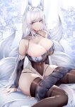  1girl absurdres animal_ear_fluff animal_ears arm_support azur_lane bangs bare_shoulders blush breasts bridal_gauntlets cleavage collarbone commentary_request covered_navel fingernails fox_ears fox_girl fox_tail grey_eyes highleg highleg_leotard highres large_breasts leotard long_hair looking_at_viewer multiple_tails official_alternate_costume pleated_skirt samip shinano_(azur_lane) shinano_(moonlit_chrome)_(azur_lane) shiny shiny_clothes shiny_hair simple_background sitting skirt skirt_removed smile tail thighs wariza white_hair 