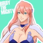 1girl birdy_cephon_altirra blue_eyes breasts cleavage closed_mouth collarbone copyright_name fuyou highres long_hair looking_at_viewer multicolored_hair pink_hair simple_background smile solo tetsuwan_birdy_decode two-tone_hair white_hair 