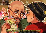  2boys artist_name bald beanie beard blush breaking_bad brown_facial_hair english_text facial_hair glasses goatee green_eyes hat highres holding holding_paper huyandere jesse_pinkman looking_at_another male_focus multiple_boys open_mouth paper photo_inset scene_reference subtitled walter_white wrinkled_skin 