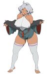  1girl bare_shoulders breasts dark-skinned_female dark_skin full_body green_eyes grey_hair grin gundam gundam_suisei_no_majo jacket jacket_partially_removed large_breasts leotard looking_at_viewer secelia_dote short_hair shorts simple_background smile solo thick_thighs thighs up_(mmmmmmmmss) white_background zettai_ryouiki 