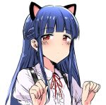  1girl animal_ears bangs blue_hair blunt_bangs blush braid cat_ears center_frills closed_mouth collared_shirt commentary dot_mouth french_braid frills hands_up idolmaster idolmaster_cinderella_girls long_hair looking_at_viewer neck_ribbon paw_pose puffy_short_sleeves puffy_sleeves red_eyes red_ribbon ribbon sajo_yukimi shirt short_sleeves simple_background sketch solo suspenders tsurui upper_body white_background white_shirt wing_collar 
