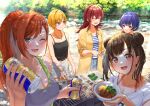  5girls ;d ^_^ ^o^ absurdres arisugawa_natsuha barbecue bare_shoulders beer_can blonde_hair blue_hair blush bowl breasts brown_eyes brown_hair can cleavage closed_eyes coat collarbone commentary_request day denim denim_shorts double_bun food forest grill hair_bun highres holding holding_bowl holding_tongs houkago_climax_girls_(idolmaster) idolmaster idolmaster_shiny_colors kaiso_(kaisooekaki) komiya_kaho long_hair looking_at_viewer meat medium_breasts morino_rinze multiple_girls nature one_eye_closed orange_hair outdoors ponytail red_hair river saijo_juri short_hair shorts smile sonoda_chiyoko tank_top white_shorts 