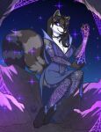  anthro black_hair black_nose blue_eyes breasts choker cleavage clothed clothing dress female hair inktiger jewelry legwear looking_at_viewer mammal necklace night outside procyonid raccoon sila_dione solo stockings 